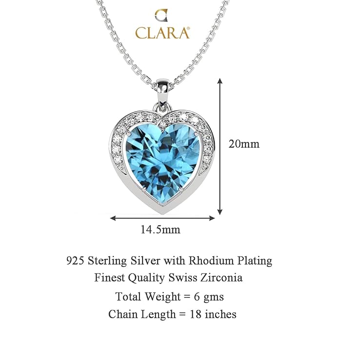 Clara 925 Sterling Silver Sky Blue Heart Pendant Earring Chain Bracelet Ring Jewellery Set | Rhodium Plated, Swiss Zirconia | Gift for Women & Girls