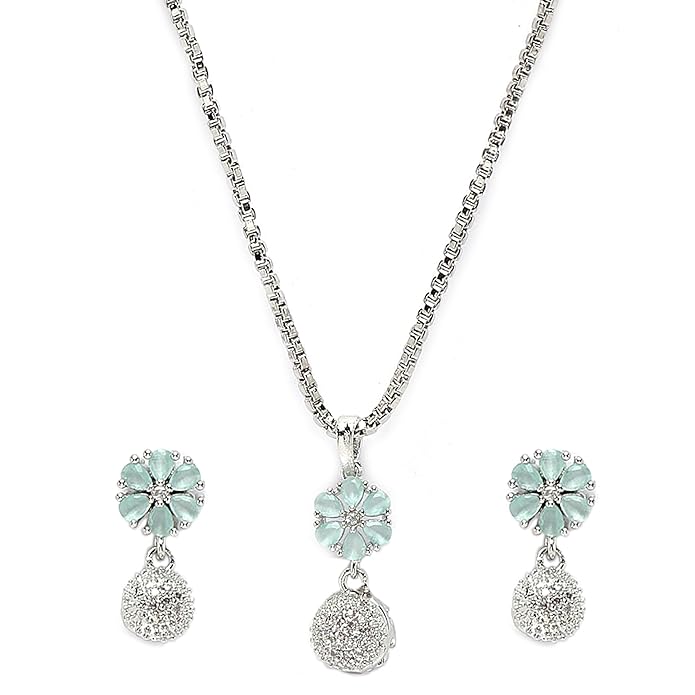 ZENEME Rhodium-Plated Silver Toned Green Cubic Zirconia studded Floral Shaped Cute Pendant with Earrings Jewellery Set for Girls and Women