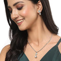 ZENEME Rhodium-Plated Silver Toned Green Cubic Zirconia studded Floral Shaped Cute Pendant with Earrings Jewellery Set for Girls and Women